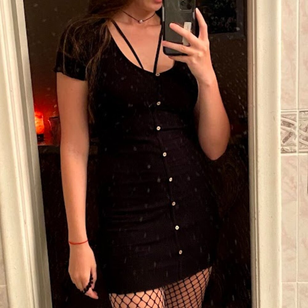 Ambiance Black Ribbed V-Neck Button-Down Mini Dress